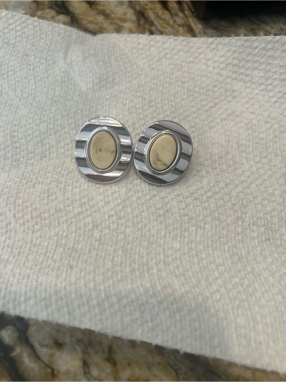 Vintage Silver and Cream Oval Cabochon Accent Earrings